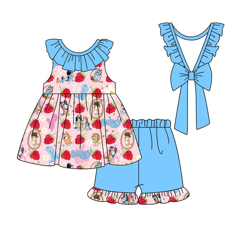 preorder GSSO1904 cartoon blue dog strawberry with bow blue shorts girls set