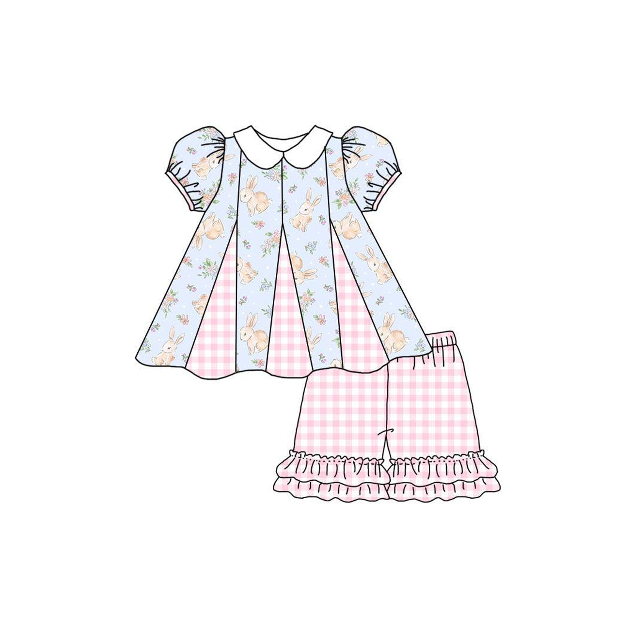 preorder GSSO1905 Easter bunny rabbit flowers short sleeve pink checkered ruffles shorts girls set