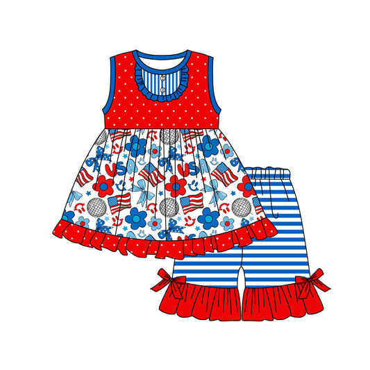 preorder GSSO1906 July 4th bows flag red dot sleeveless blue striped shorts girls set