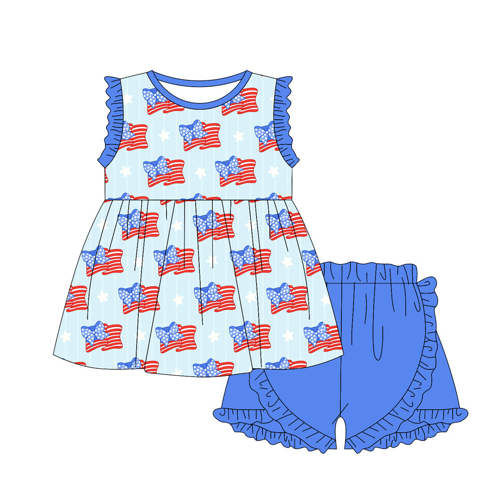 preorder GSSO1907 July 4th flag bows ruffles sleeve blue ruffles shorts girls set