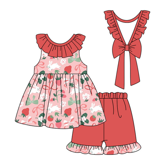 preorder GSSO1914 Rabbit Strawberry Flowers With Bow Red Shorts Girls Set