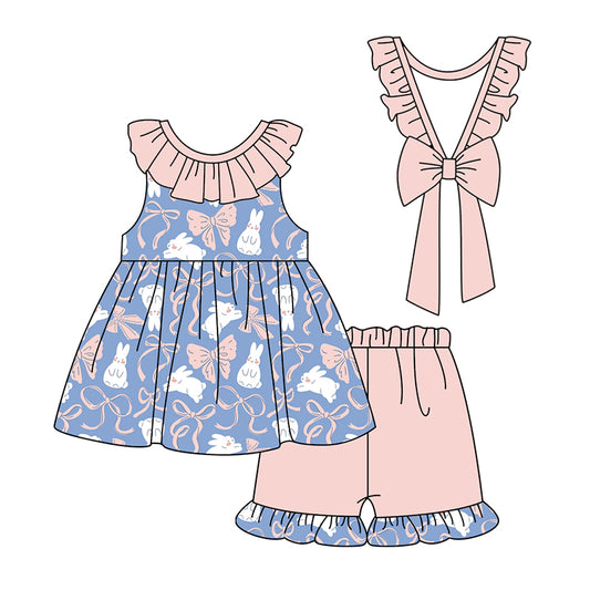 preorder GSSO1915 Rabbit Pink Bows Blue With Bow Pink Shorts Girls Set