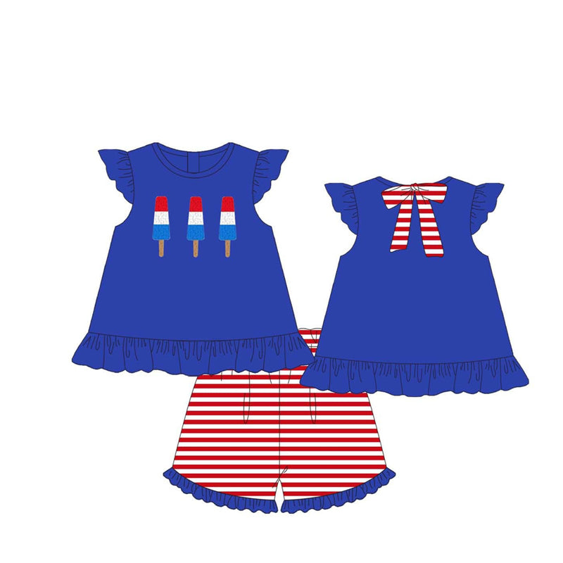 preorder GSSO1900 July 4th Flag Ice Blue Flutter Sleeve With Bow Red Striped Shorts Girls Set