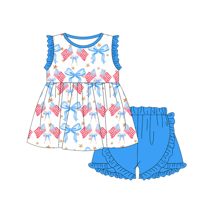 preorder GSSO1919 July 4th Flag Bows Ruffles Sleeve Blue Shorts Girls Set