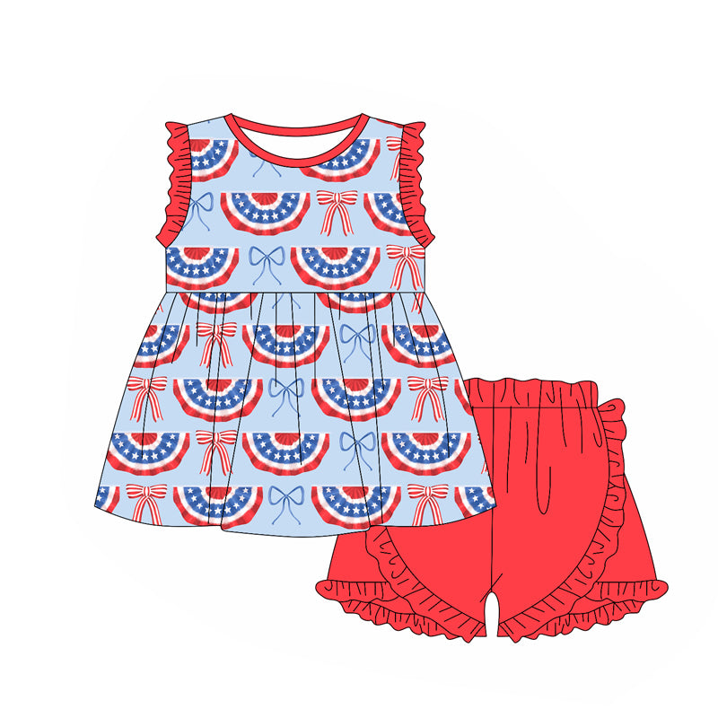 preorder GSSO1920 July 4th Flag Bows Ruffles Sleeve Red Shorts Girls Set