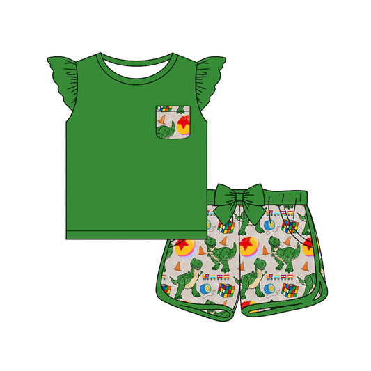 preorder GSSO1922 Cartoon Dinosaur Green Pocket Flutter Sleeve Bow Shorts Girls Set