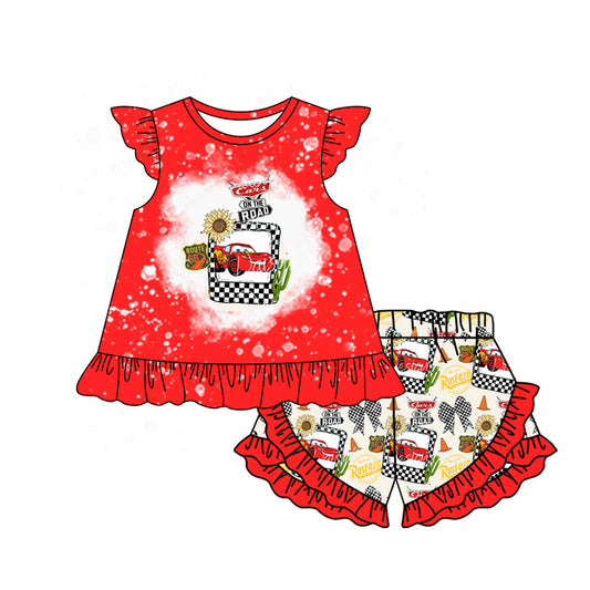 preorder GSSO1924 Cartoon Car Red Flutter Sleeve Checkered Bows Shorts Girls Set