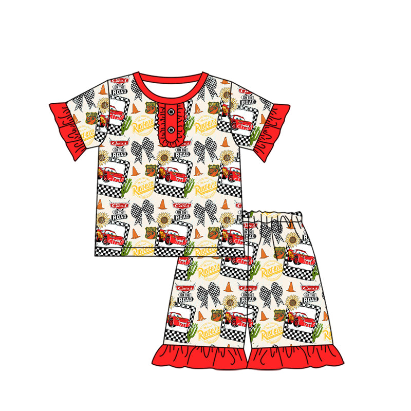 preorder GSSO1925 Cartoon Car Checkered Bows Red Short Sleeve Shorts Girls Pajamas