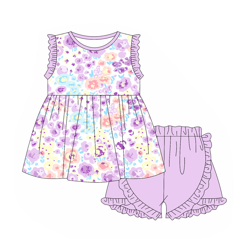preorder GSSO1926 Purple Flowers Ruffles Sleeve Purple Shorts Girls Set