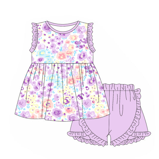 preorder GSSO1926 Purple Flowers Ruffles Sleeve Purple Shorts Girls Set