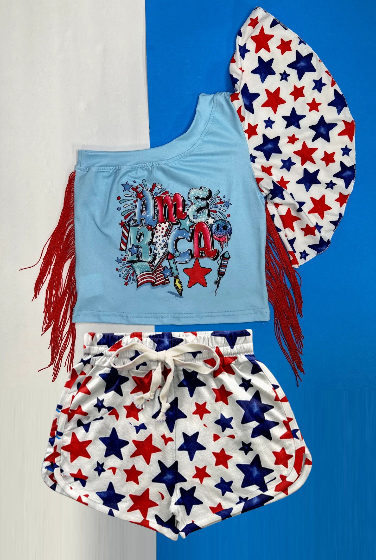 preorder GSSO1927 July 4th America Tassels One-sleeve Red Blue Star Shorts Girls Set