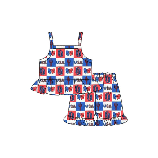 preorder GSSO1929 July 4th USA Boots Red Blue Checkered Shorts Girls Set