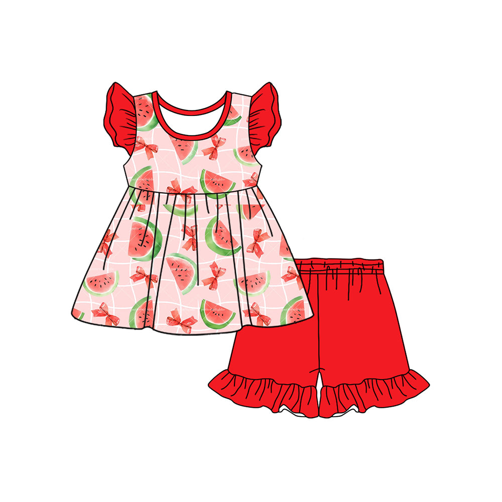 preorder GSSO1932 Watermelon Bows Red Flutter Sleeve Red Shorts Girls Set