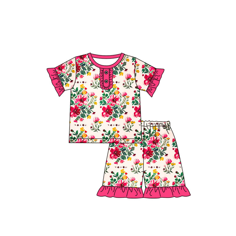 preorder GSSO1934 Hot Pink Flowers Pink Flowers Short Sleeve Shorts Girls Pajamas