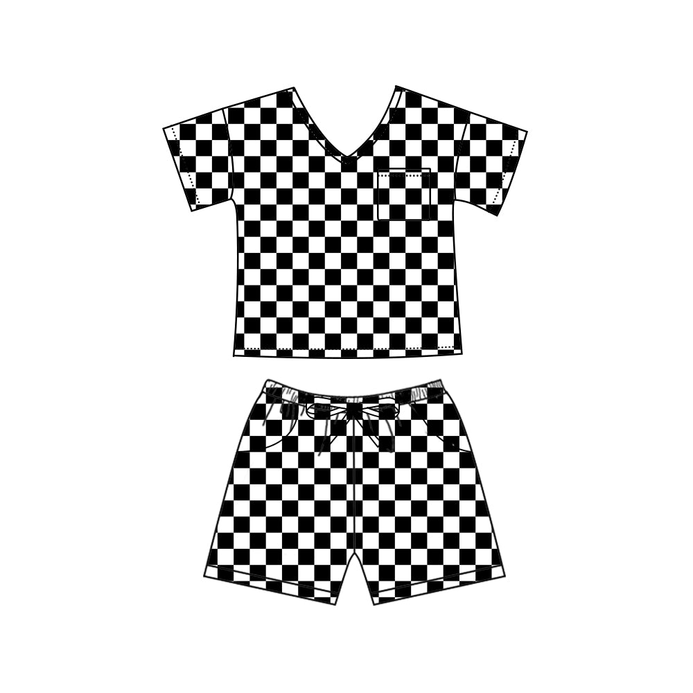 preorder GSSO1941 Black Checkered Pocket Short Sleeve Shorts Adult Women Pajamas