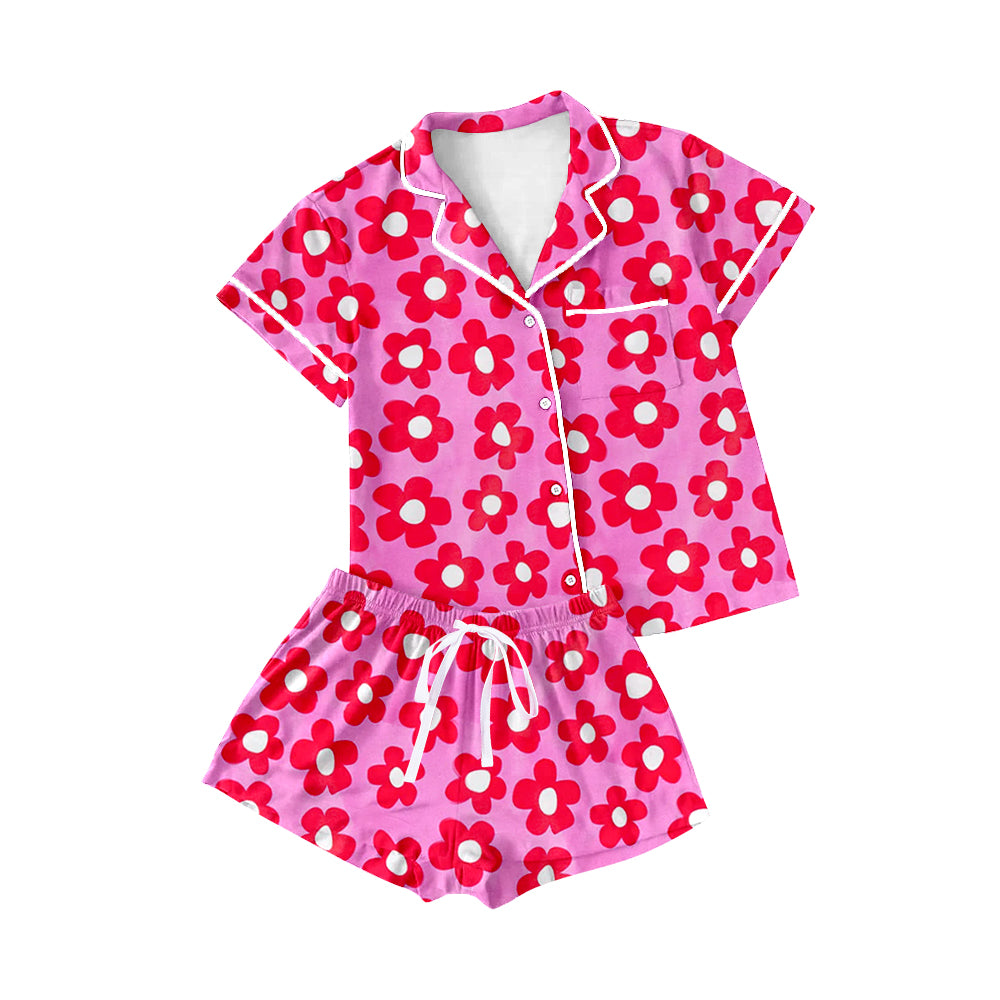 preorder GSSO1943 Red Flowers Hot Pink Pocket Short Sleeve Shorts Adult Women Pajamas