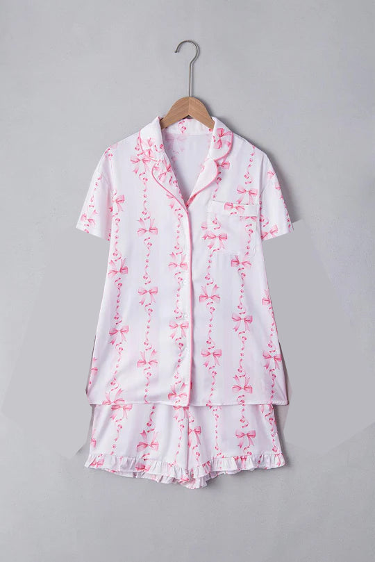 preorder GSSO1944 Pink Bows Pocket White Short Sleeve Shorts Adult Women Pajamas