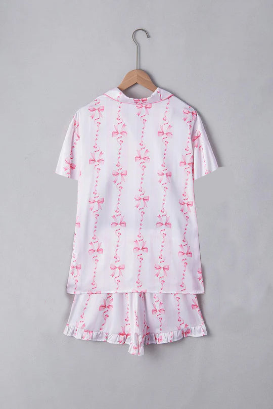 preorder GSSO1944 Pink Bows Pocket White Short Sleeve Shorts Adult Women Pajamas