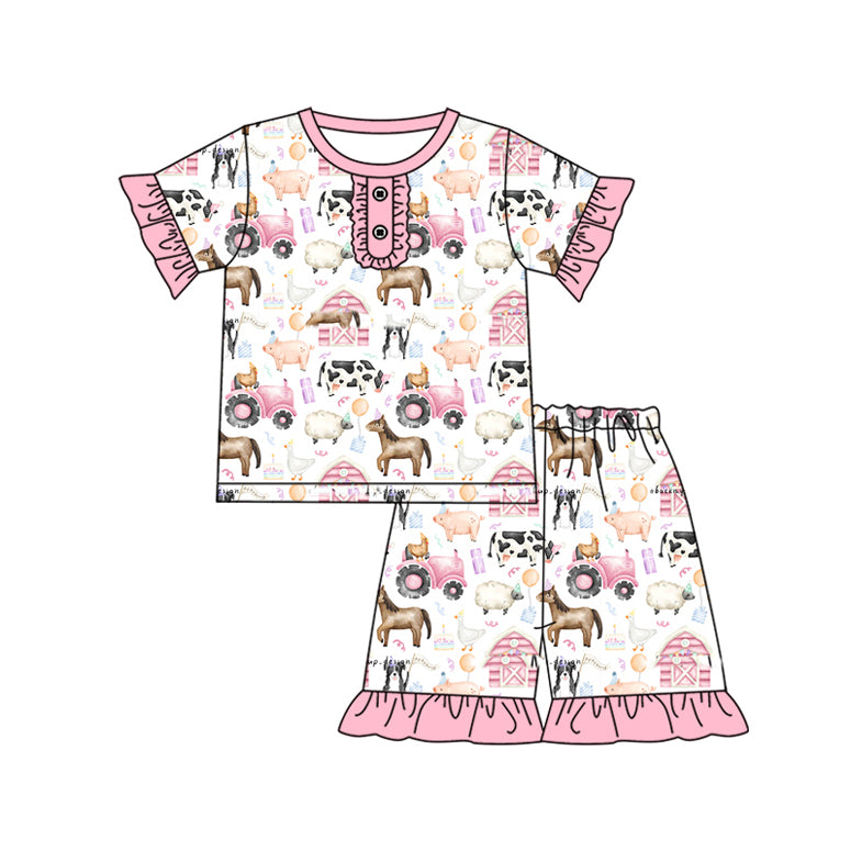 preorder GSSO1947 Farm Horse House Cow Blue Short Sleeve Shorts Pink Pajamas