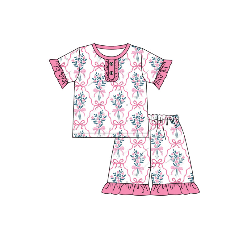 preorder GSSO1948 Pink Bows Flowers Short Sleeve Shorts Girls Pajamas