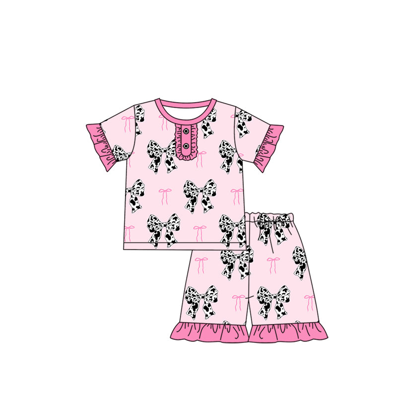 preorder GSSO1949 Cow Print Bows Pink Bows Short Sleeve Shorts Girls Pajamas