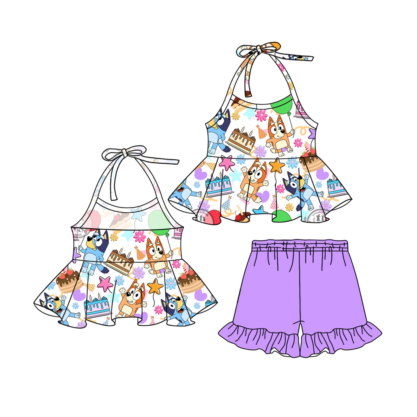 preorder GSSO1953 Happy Birthday Cartoon Dog Cake Straps Purple Shorts Girls Set