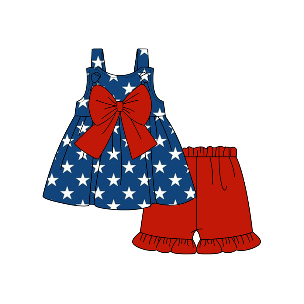 preorder GSSO1955 July 4th Blue Star With Red Bow Sleeveless Red Shorts Girls Set