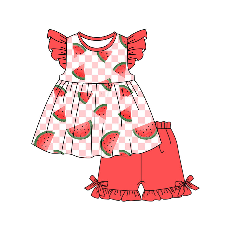 preorder GSSO1956 Watermelon Pink Checkerede Flutter Sleeve Watermelon Red Shorts Girls Set