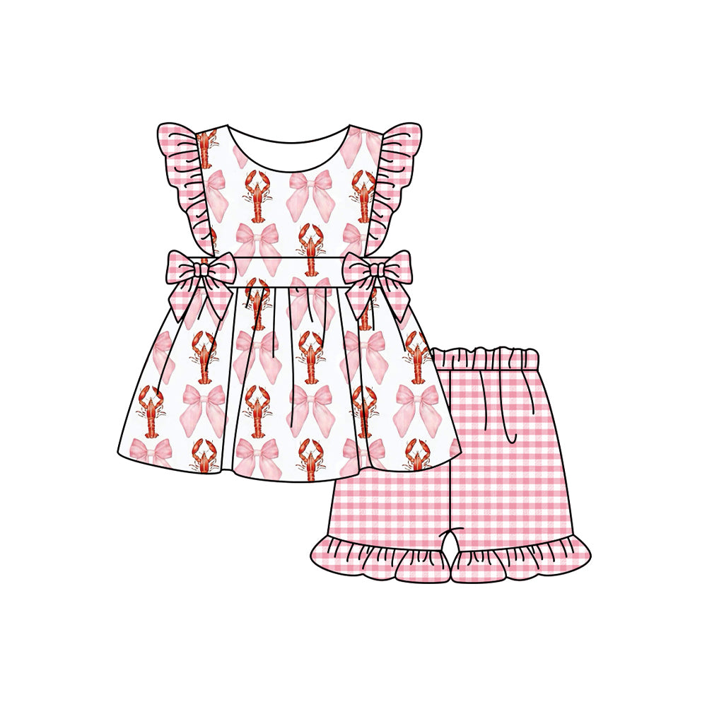 preorder GSSO1959 Red Crayfish Pink Bows Flutter Sleeve Pink Checkered Shorts Girls Set