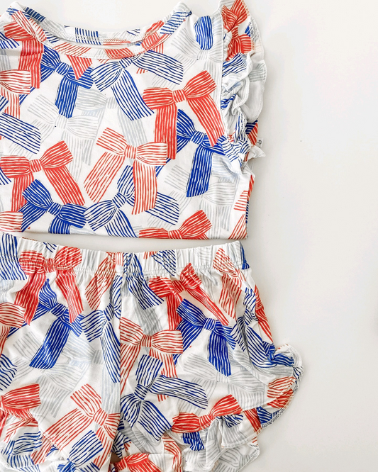 preorder GSSO1964 July 4th Red Blue Striped Bows Ruffles Sleeve Shorts Girls Set