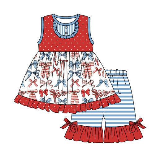 preorder GSSO1965 July 4th Red Blue Bows Sleeveless Blue Striped Shorts Girls Set