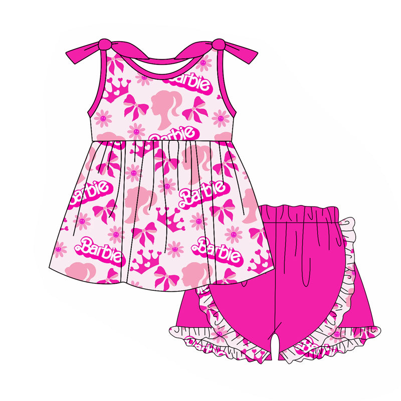 preorder GSSO1969 Hot Pink Cartoon BA Crown Top Hot Pink Shorts Girls Set