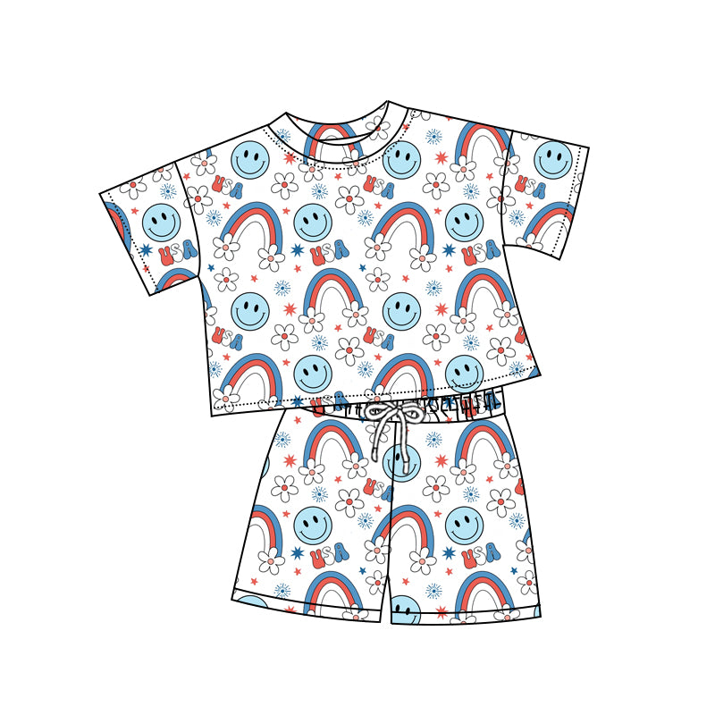 preorder GSSO1973 July 4th USA Rainbow Smile Flowers Short Sleeve Shorts Girls Set