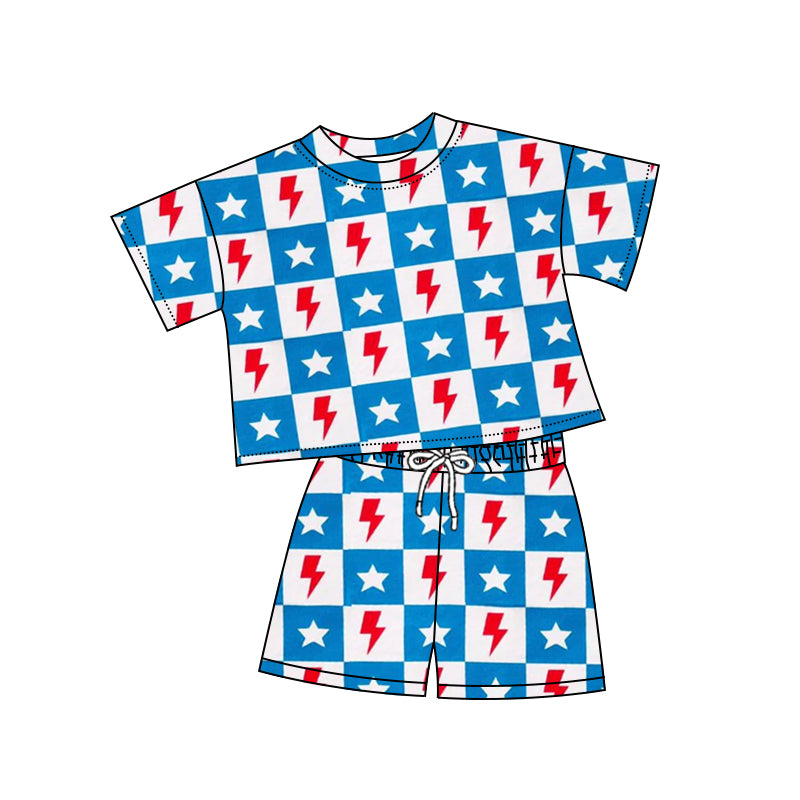 preorder GSSO1974 July 4th Flash Star Blue Checkered Short Sleeve Shorts Girls Set