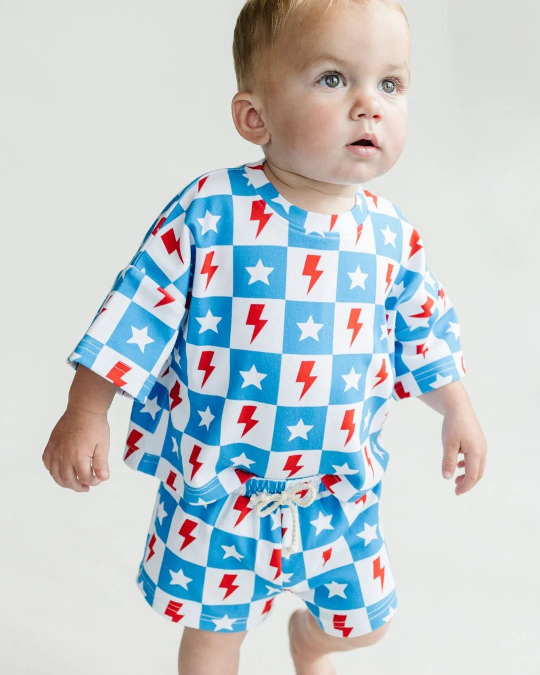 preorder GSSO1974 July 4th Flash Star Blue Checkered Short Sleeve Shorts Girls Set
