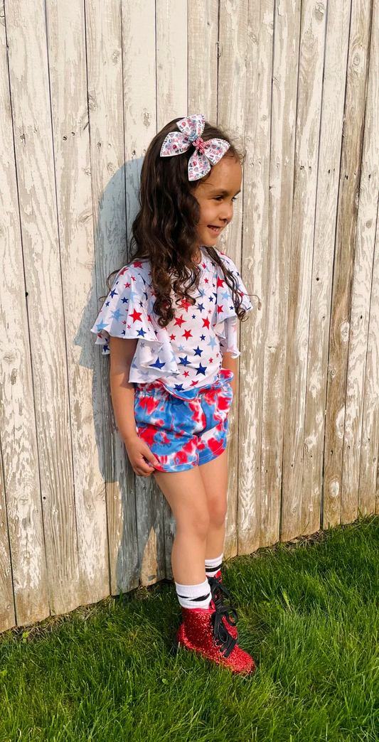 preorder GSSO1975 July 4th Red Blue Star Short Sleeve watercolor Shorts Girls Set