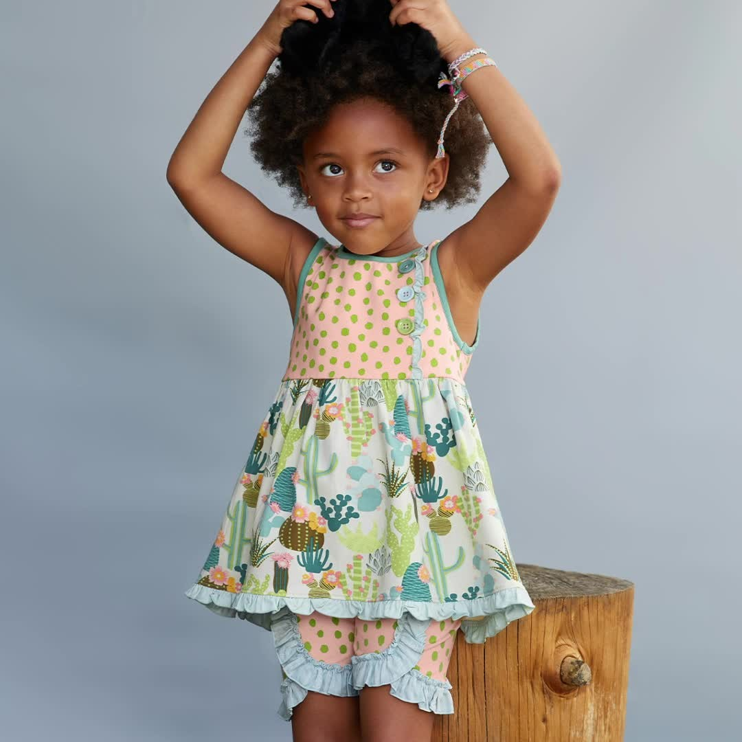 preorder GSSO1976 Cactus Flowers Dot Sleeveless Green Dot Shorts Girls Set
