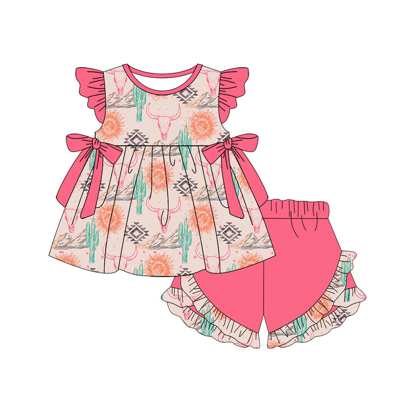 preorder GSSO1978 Western Aztec Sun Cow Cactus Bows Flutter Sleeve Pink Shorts Girls Set