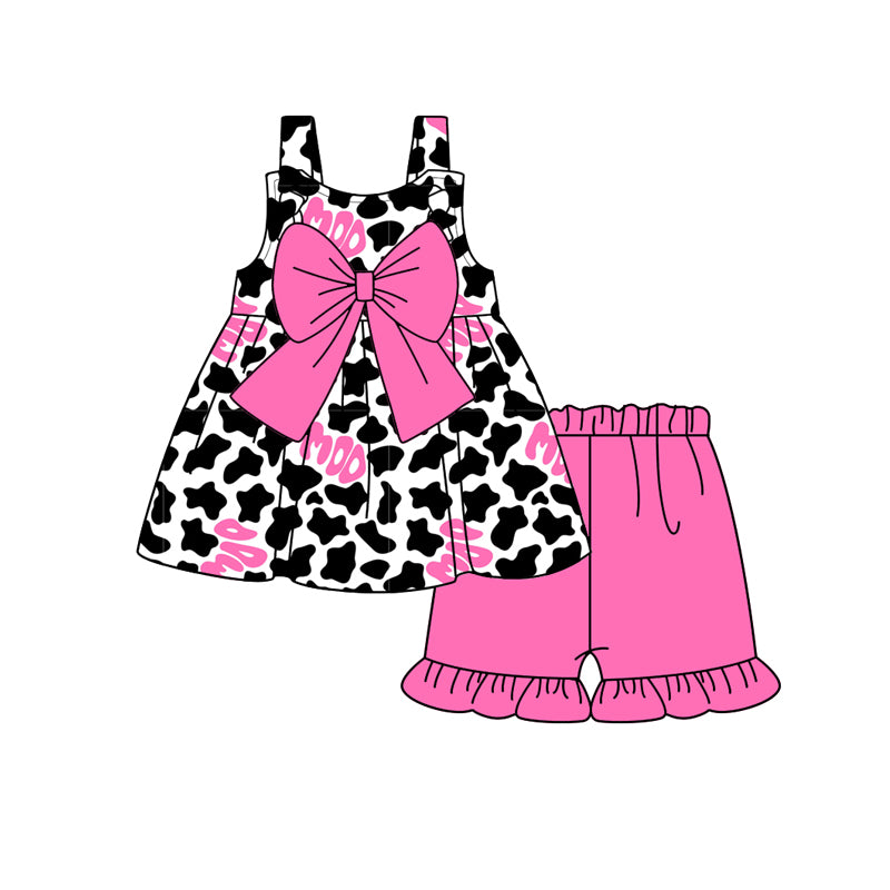 preorder GSSO1988 Cowgirl MOO Cow Printing With Big Bow Top Hot Pink Shorts Girls Set