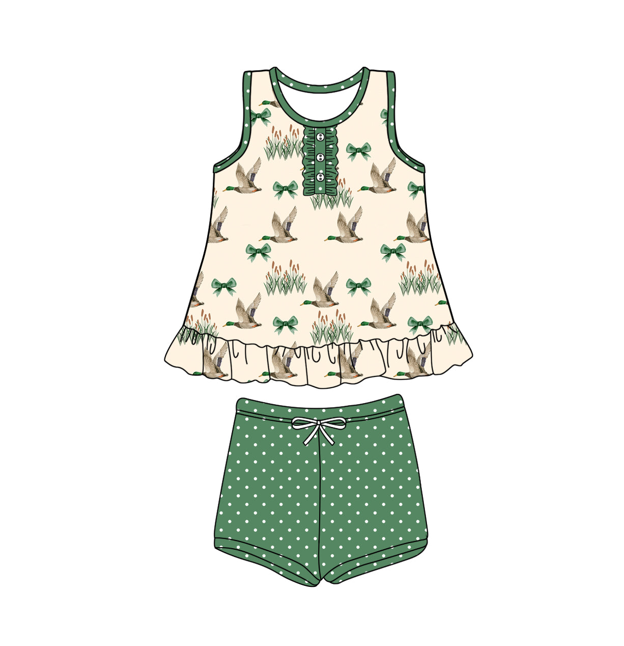 preorder GSSO1989 Hunting Mallard Duck Bows Sleeveless Green Dot Shorts Girls Set