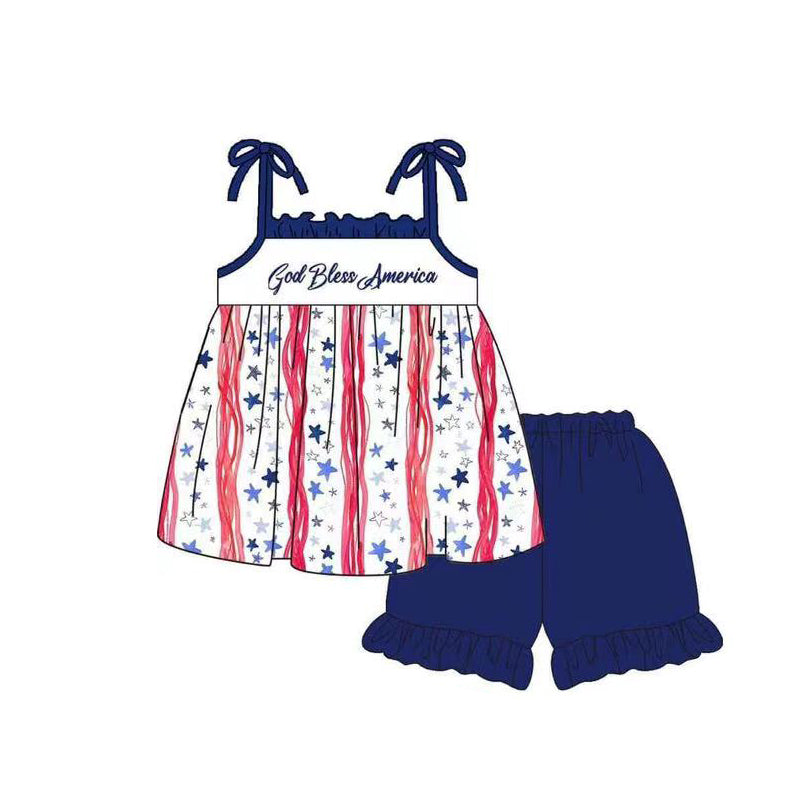 preorder GSSO1993 God Bless America Straps Navy Blue Shorts Girls Set