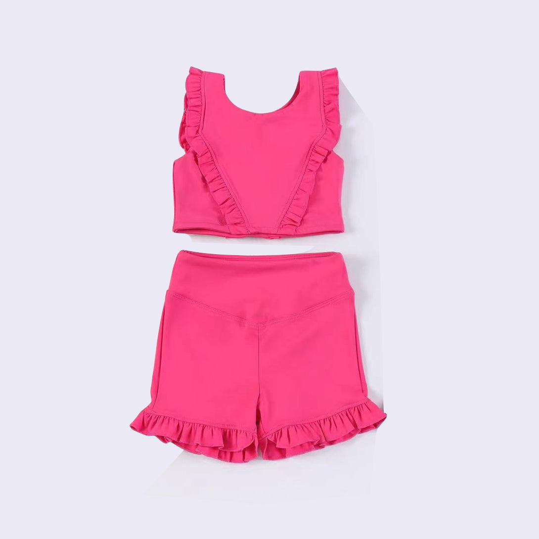 preorder GSSO1999 yoga hot pink ruffles sleeveless shorts girls set