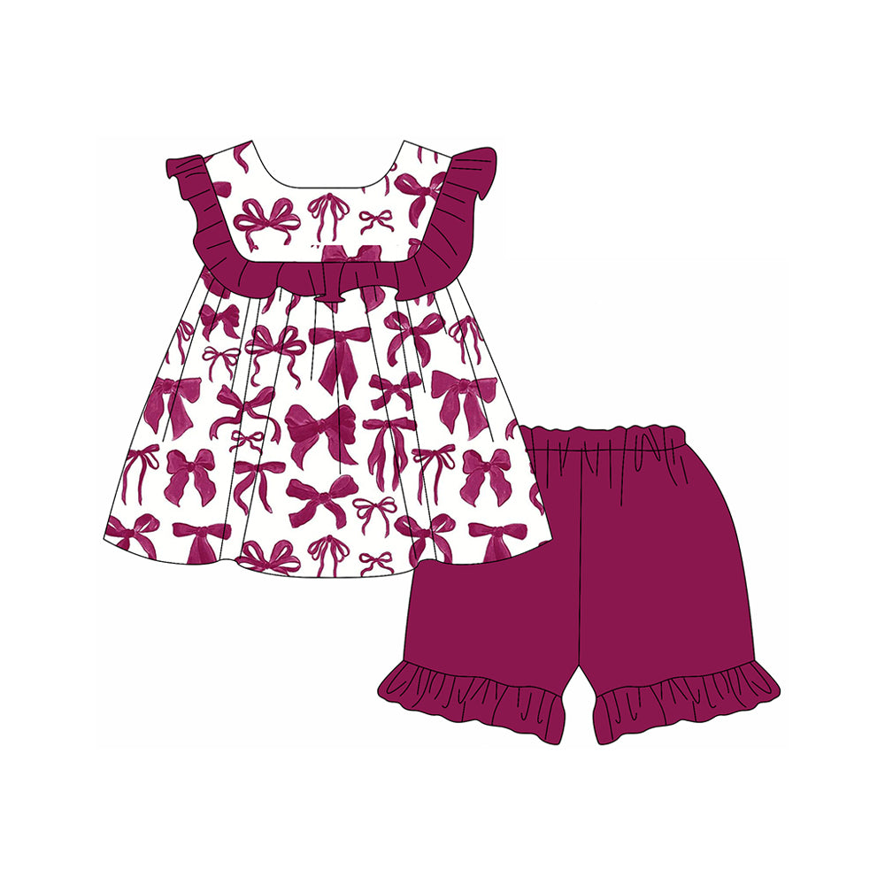 preorder GSSO2003 dark purple bows ruffles flutter sleeve shorts girls set