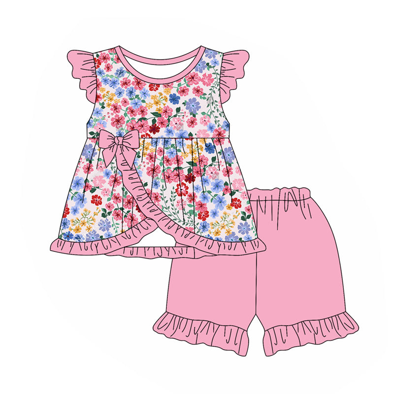 preorder GSSO2015 colorful flowers pink bows ruffles flutter sleeve pink shorts girls floral set