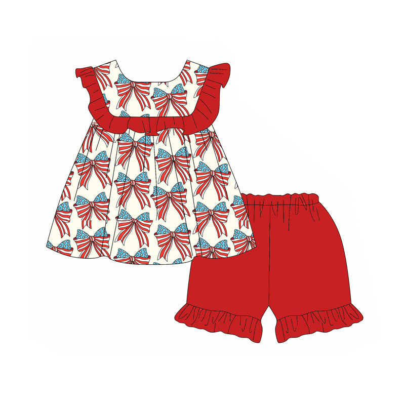 preorder GSD1907 July 4th flag bows red ruffles girls dress
