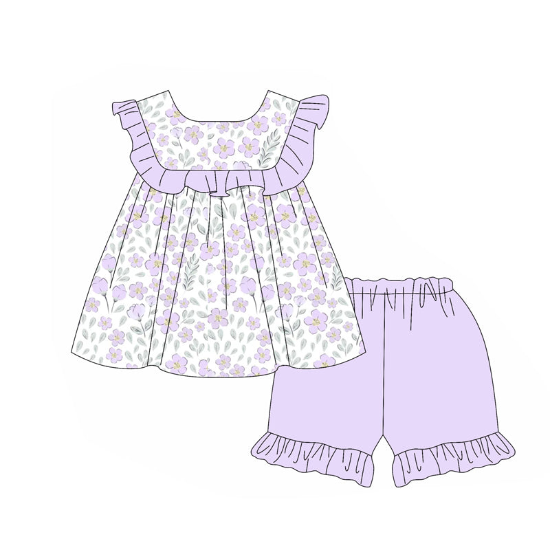 preorder GSSO2021 purple flowers ruffles sleeve shorts girls floral set
