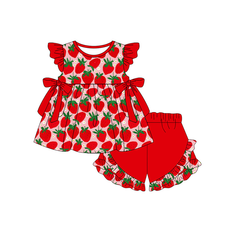 preorder GSSO2023 red strawberry bows flutter sleeve red shorts girls set
