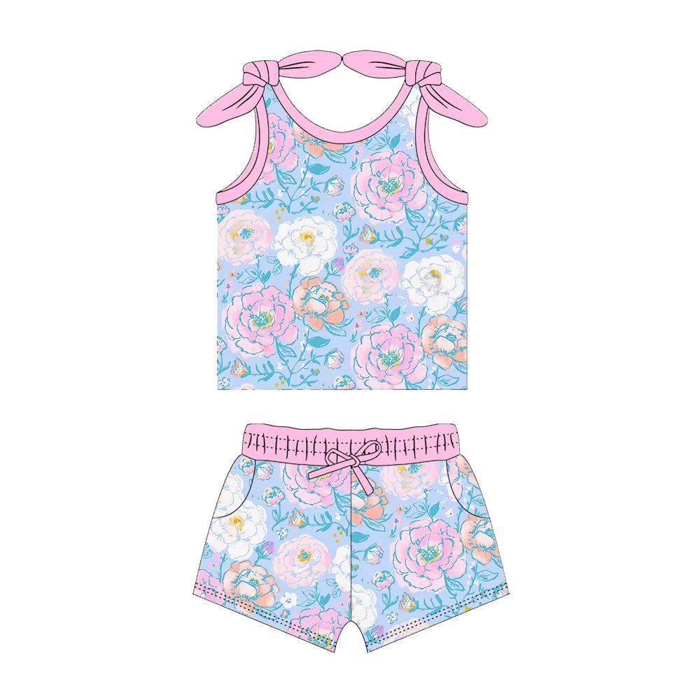 preorder GSSO2034 Summer pink flowers vest t-shirt shorts girls blue set