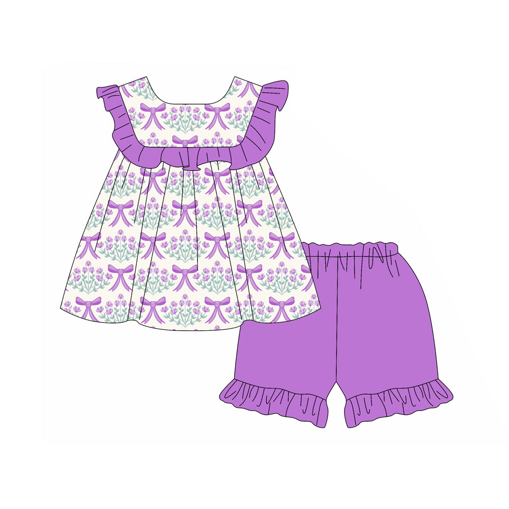 preorder GSSO2038 purple bows flowers ruffles sleeveless shorts girls set