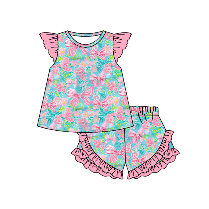 preorder GSSO2039 pink bows green blue flutter sleeve ruffles shorts girls set